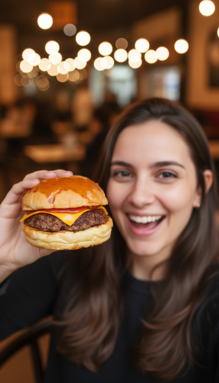 Hero-frame: pessoa com o hambúrguer, fundo de restaurante desfocado e irreconhecível